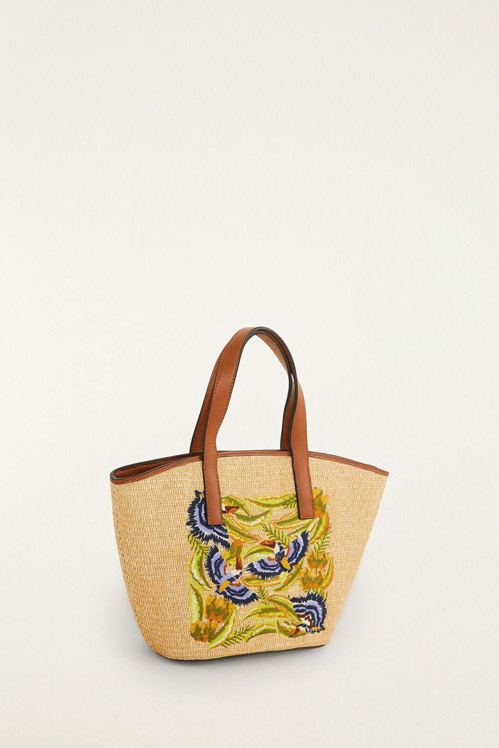 Raffia Basket Tote Bag Small - FARM Rio SUNNY PARADISE EMBROIDERY