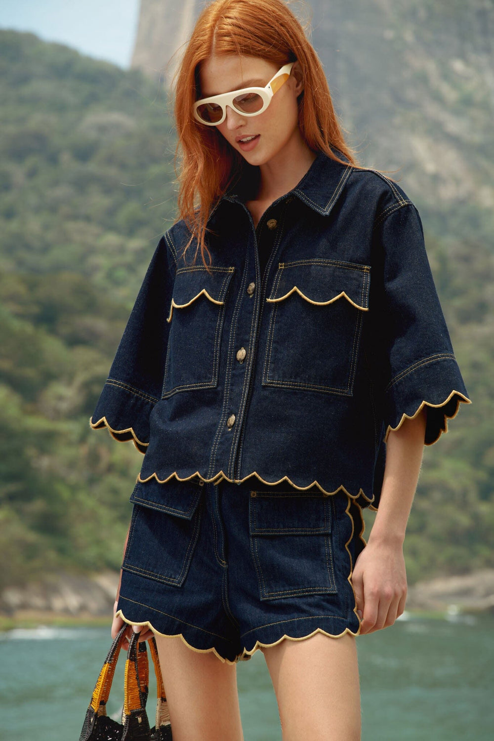Dark Denim Wavy Hem Short Sleeve Shirt - FARM Rio DENIM