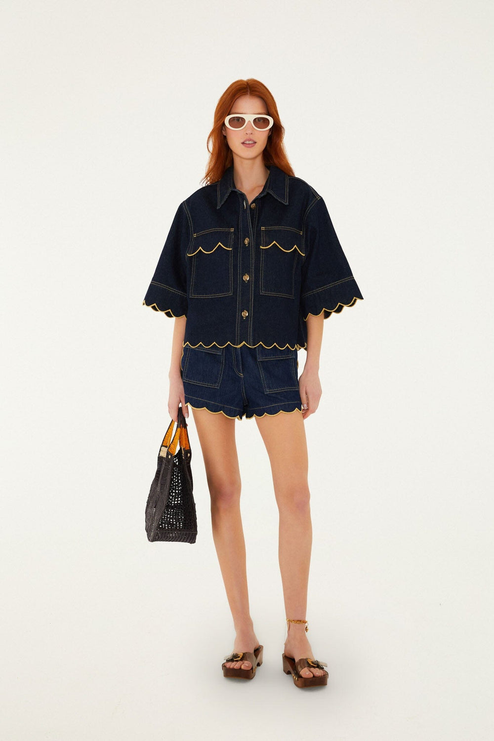 Dark Denim Wavy Hem Short Sleeve Shirt - FARM Rio DENIM