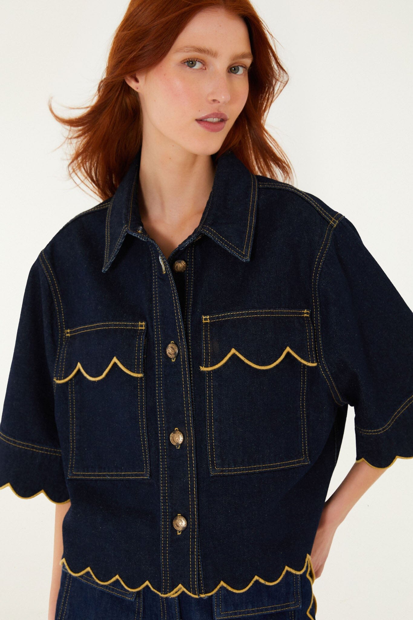 Dark Denim Wavy Hem Short Sleeve Shirt - FARM Rio DENIM