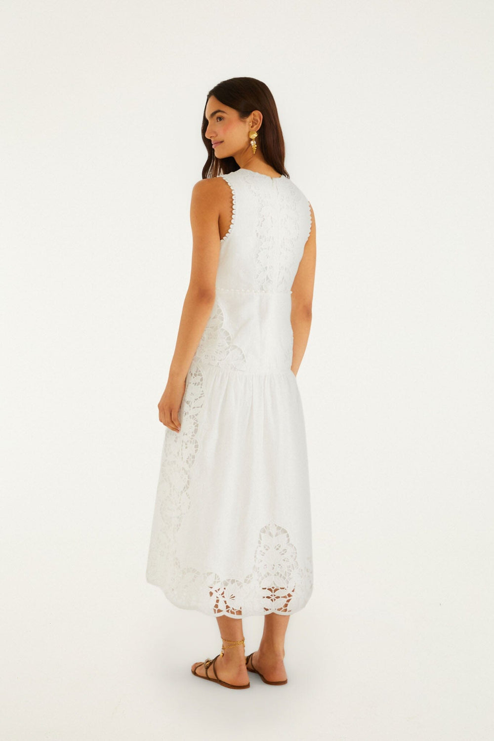 Off-White Richelieu V Neck Sleeveless Midi Dress - FARM Rio OFF-WHITE