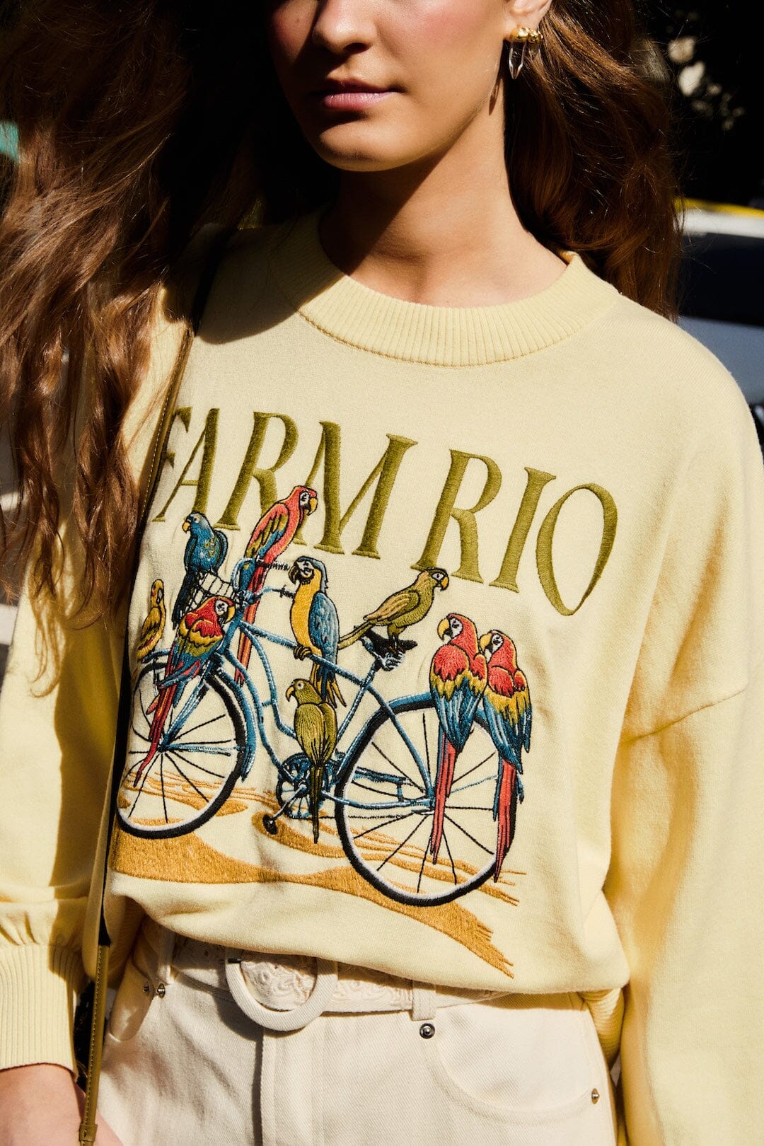 Yellow Birds Bicycle Embroidered Sweater - FARM Rio YELLOW