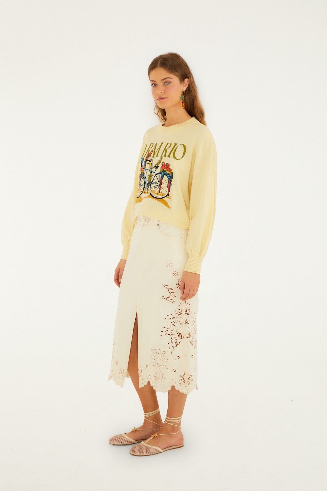 Yellow Birds Bicycle Embroidered Sweater - FARM Rio YELLOW