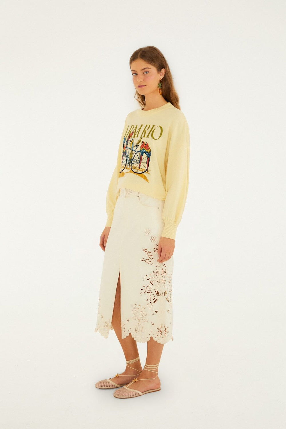 Yellow Birds Bicycle Embroidered Sweater - FARM Rio YELLOW
