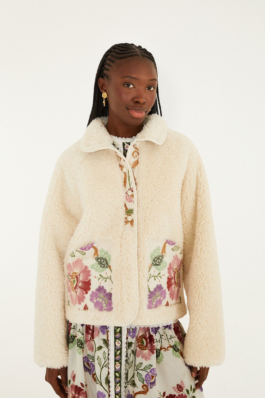 Cream Rococo Flowers Bomber Fleece Jacket - FARM Rio ROCOCO FLOWERS CREAM