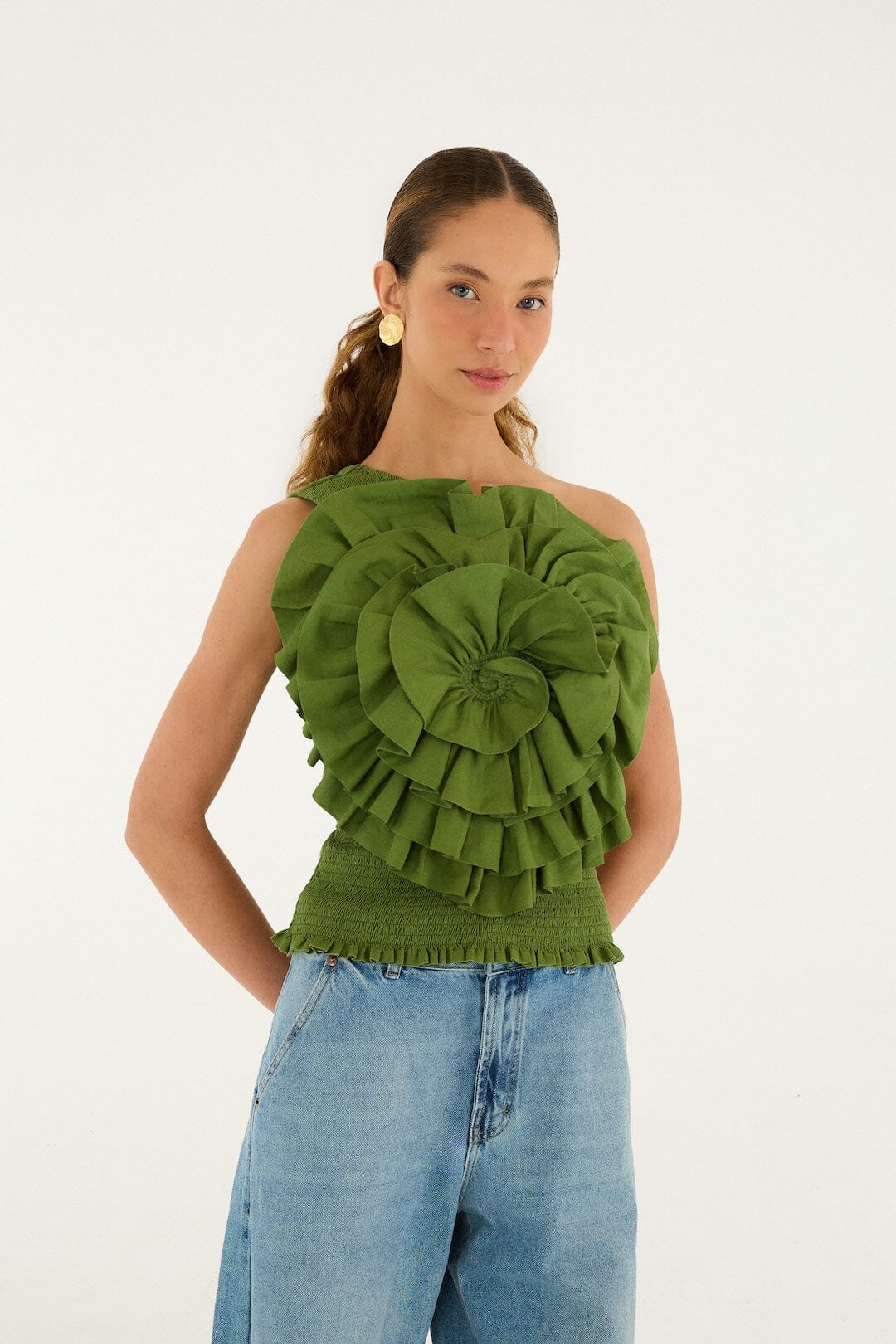 Green One Shoulder Lenzing Ecovero Euroflax Blouse - FARM Rio GREEN
