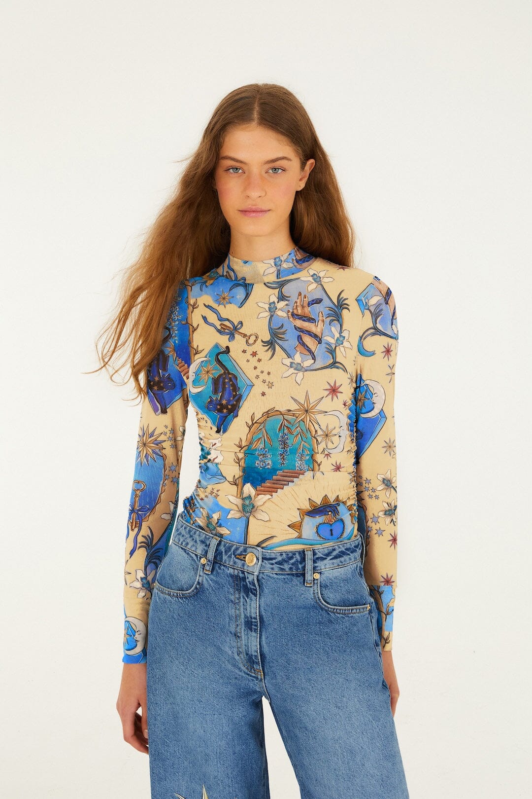 Sand Mystical Long Sleeve Tulle Blouse - FARM Rio MYSTICAL BLUE