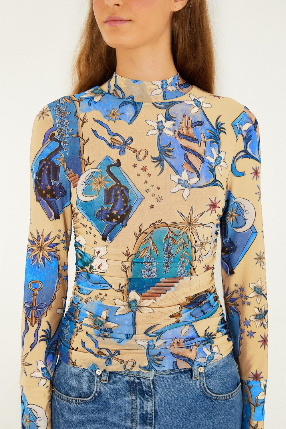 Sand Mystical Long Sleeve Tulle Blouse - FARM Rio MYSTICAL BLUE