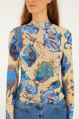 Sand Mystical Long Sleeve Tulle Blouse - FARM Rio MYSTICAL BLUE
