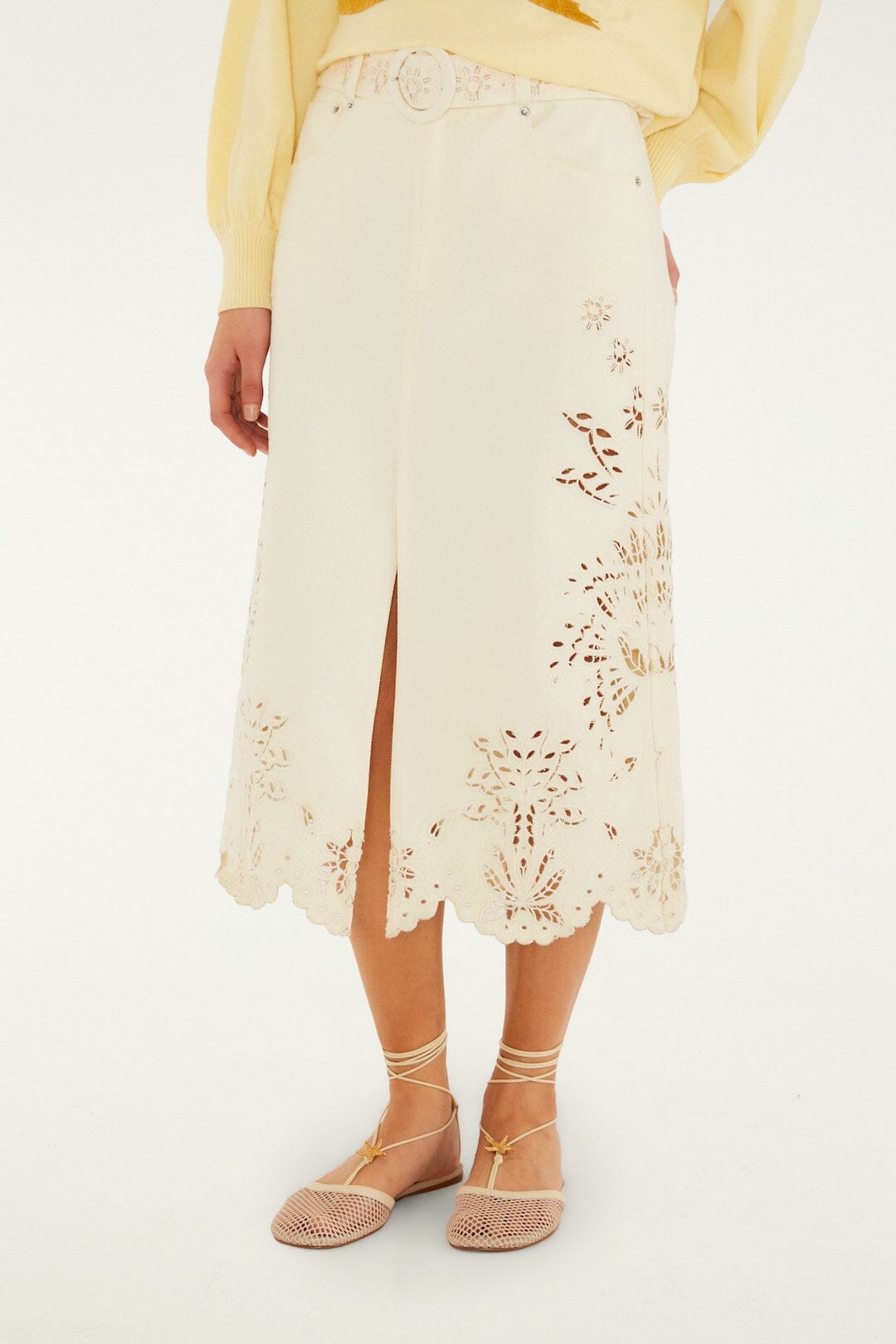 Beige Geometric Richelieu Twill Midi Skirt - FARM Rio BEIGE