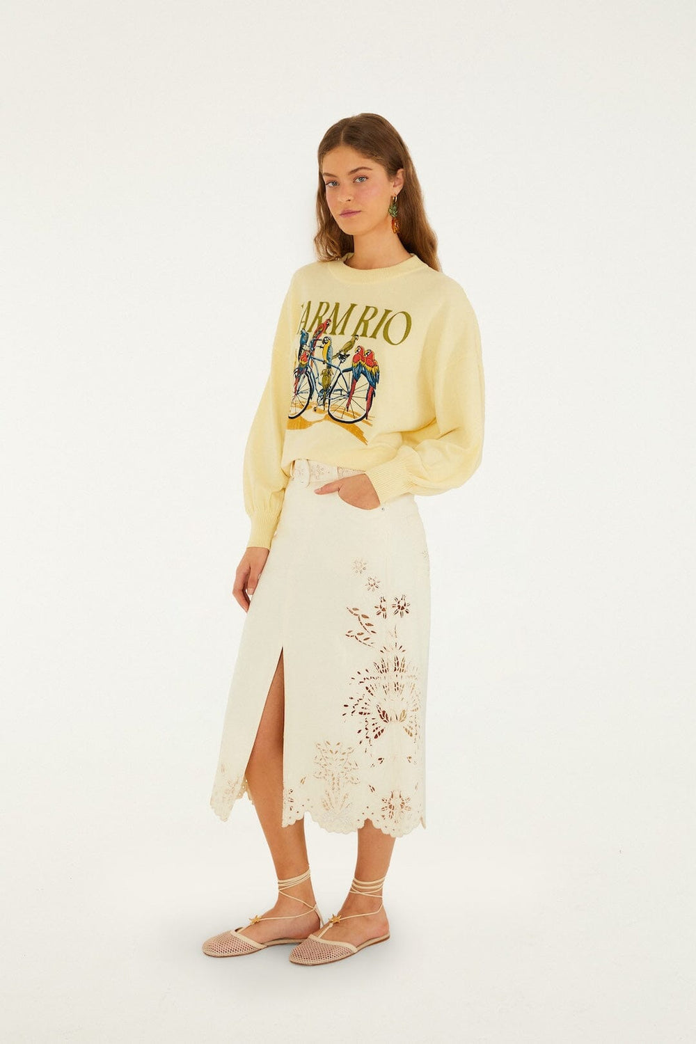 Beige Geometric Richelieu Twill Midi Skirt - FARM Rio BEIGE