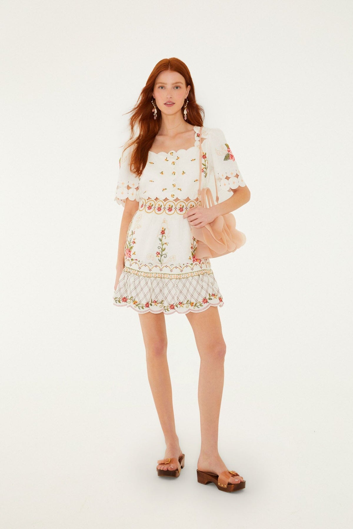 Off-White Flower Embroidery Scalloped Mini Dress - FARM Rio OFF-WHITE