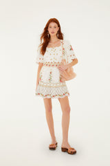 Off-White Flower Embroidery Scalloped Mini Dress - FARM Rio OFF-WHITE