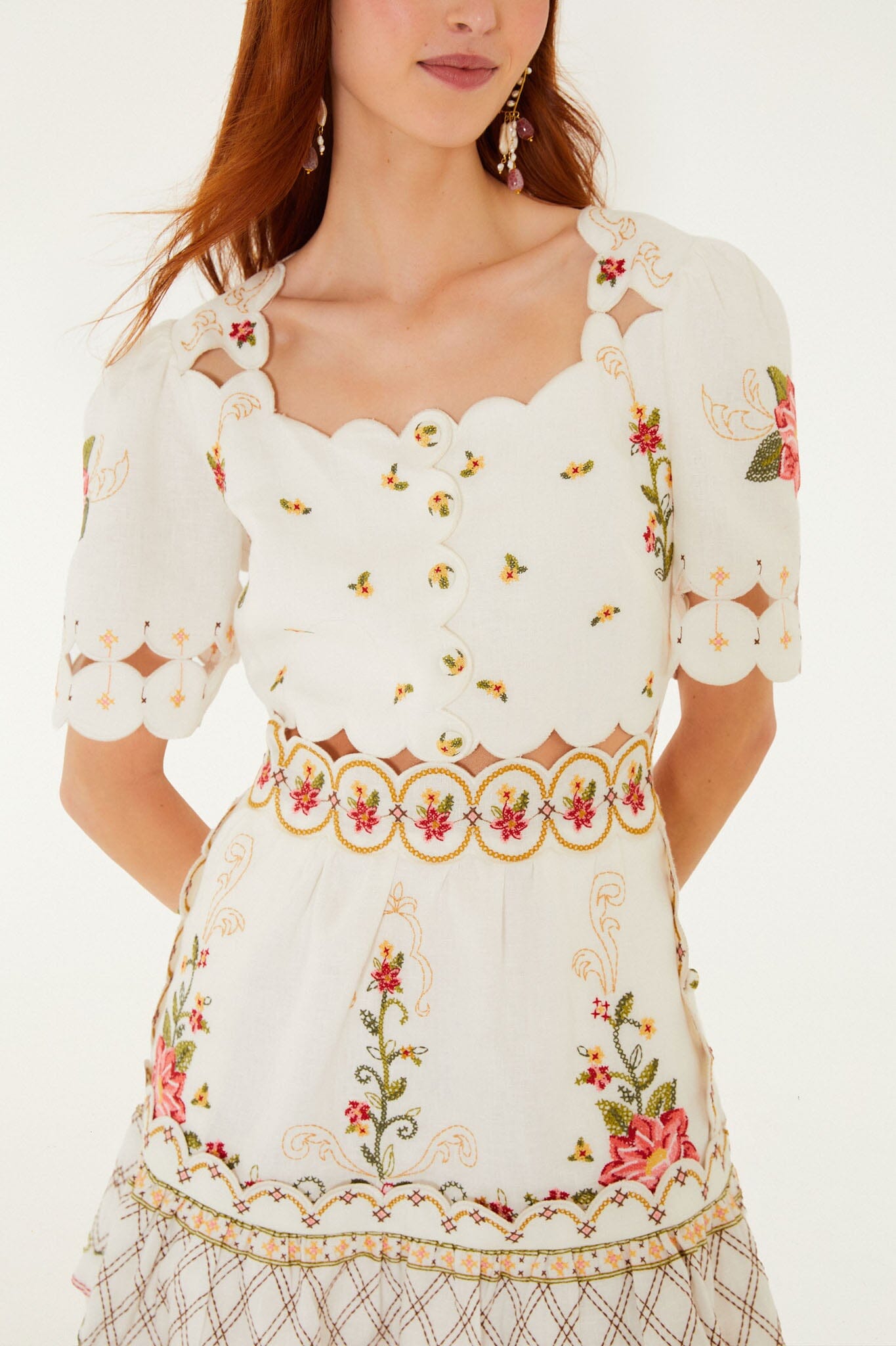 Off-White Flower Embroidery Scalloped Mini Dress - FARM Rio OFF-WHITE