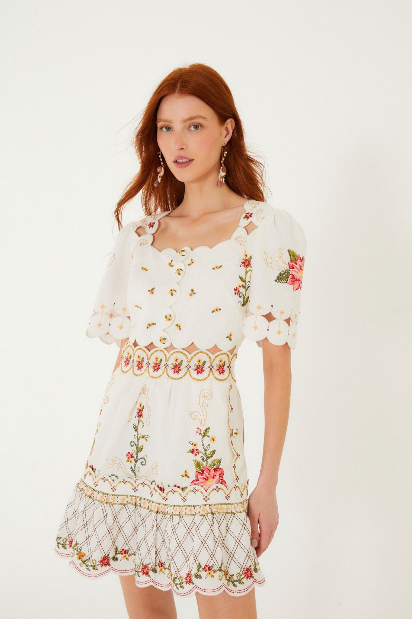 Off-White Flower Embroidery Scalloped Mini Dress - FARM Rio OFF-WHITE
