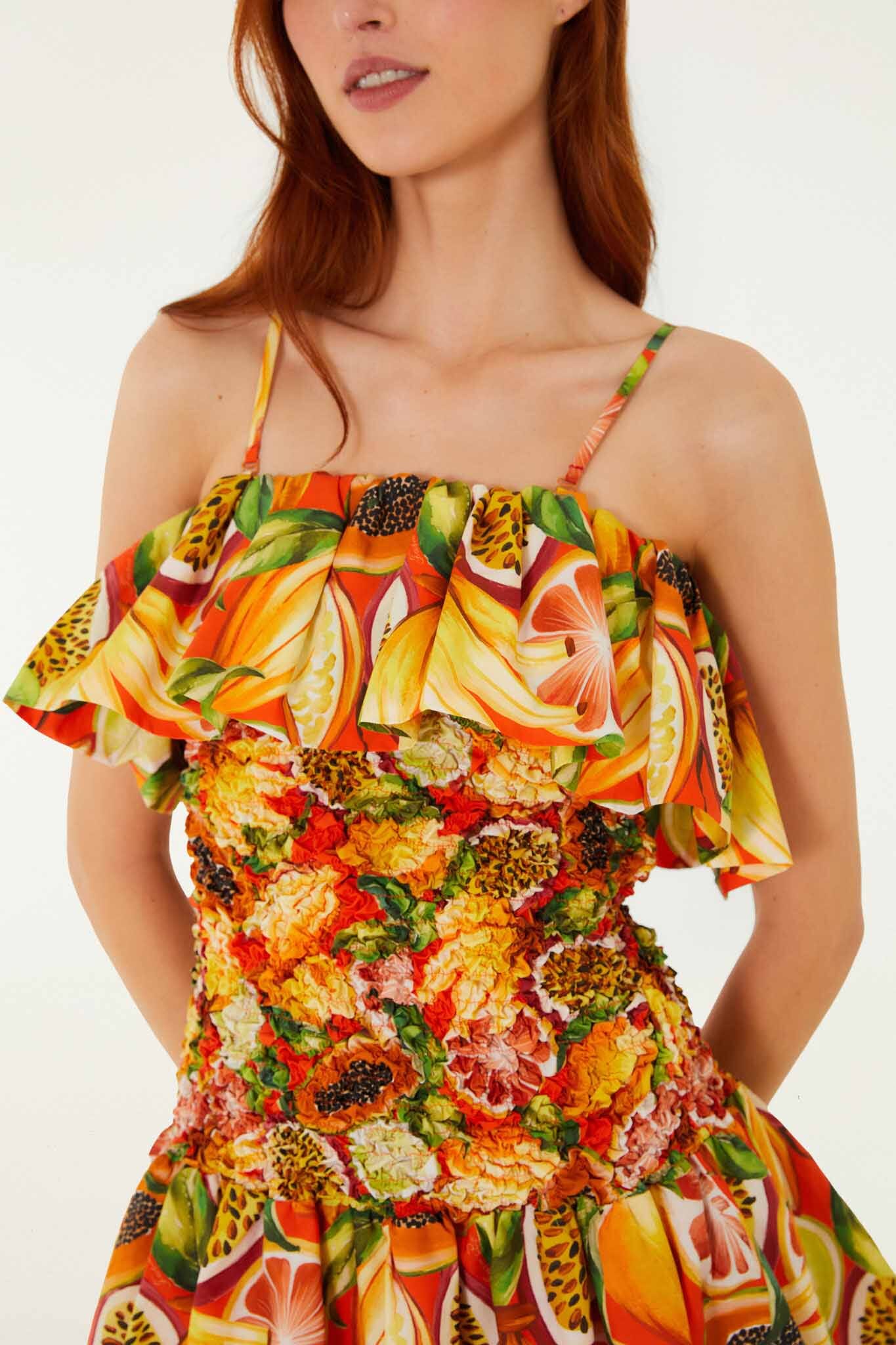 Multicolor Fruit Garden Red Smocked Balloon Mini Dress - FARM Rio FRUIT GARDEN RED