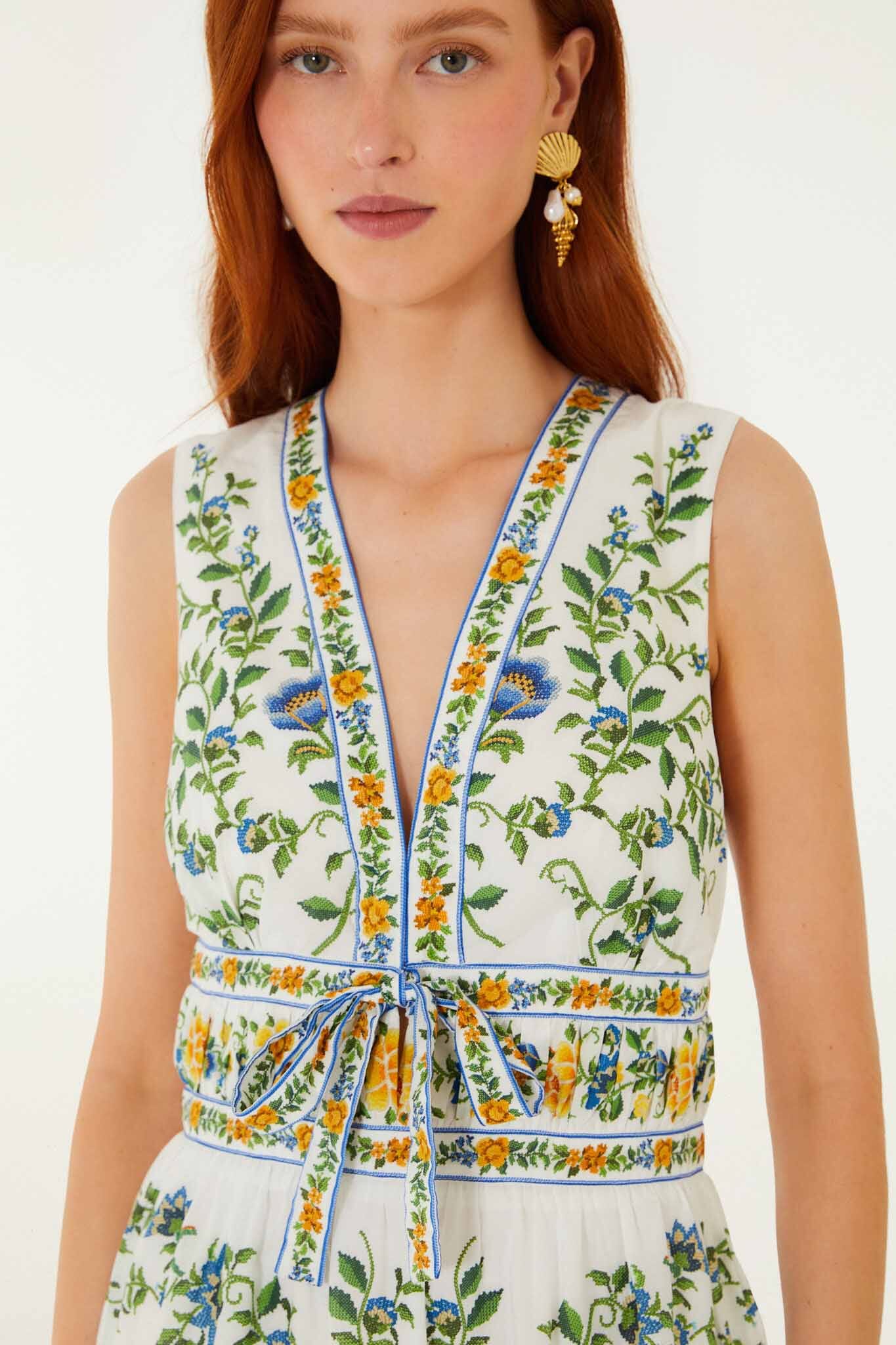 Off-White Emily Floral Tapestry Ruffled Mini Dress - FARM Rio EMILY FLORAL TAPESTRY OFF-WHITE