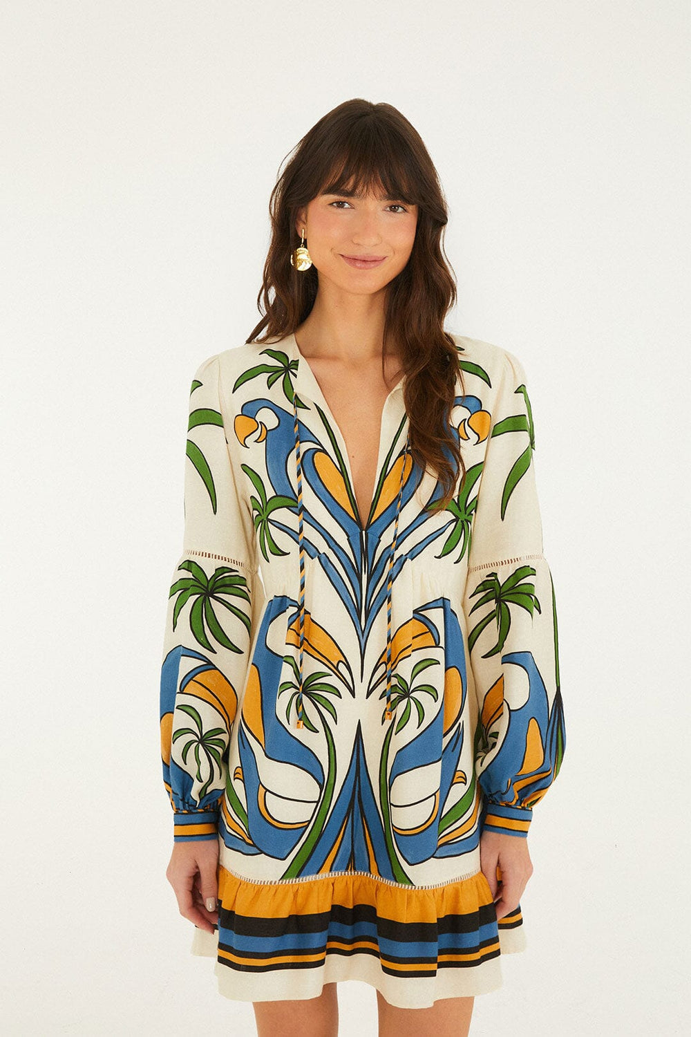 Sand Tropical Graphic Lace Ruffled Mini Dress - FARM Rio TROPICAL GRAPHIC