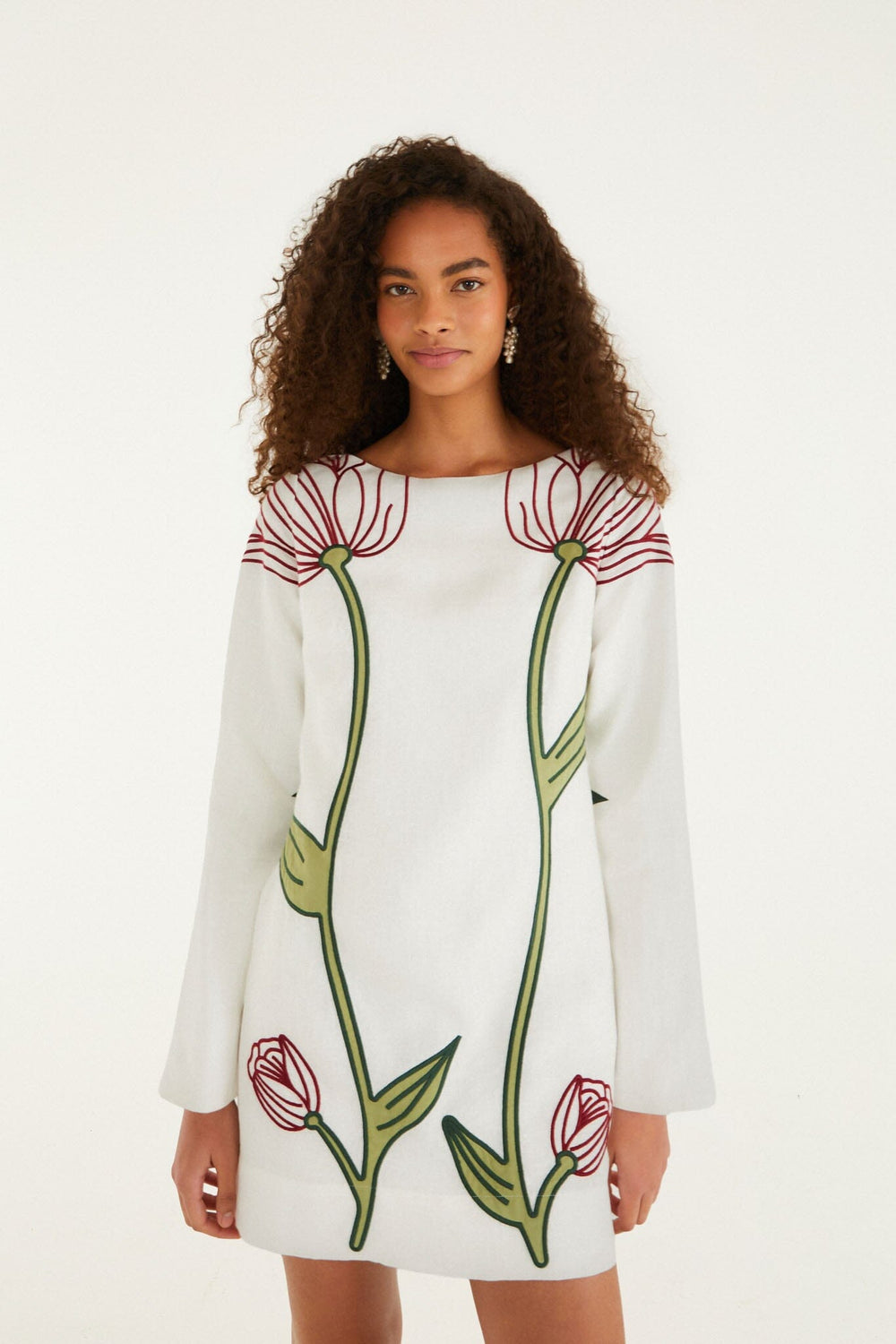 Off-White Flower Embroidered Long Sleeve Mini Dress - FARM Rio OFF-WHITE