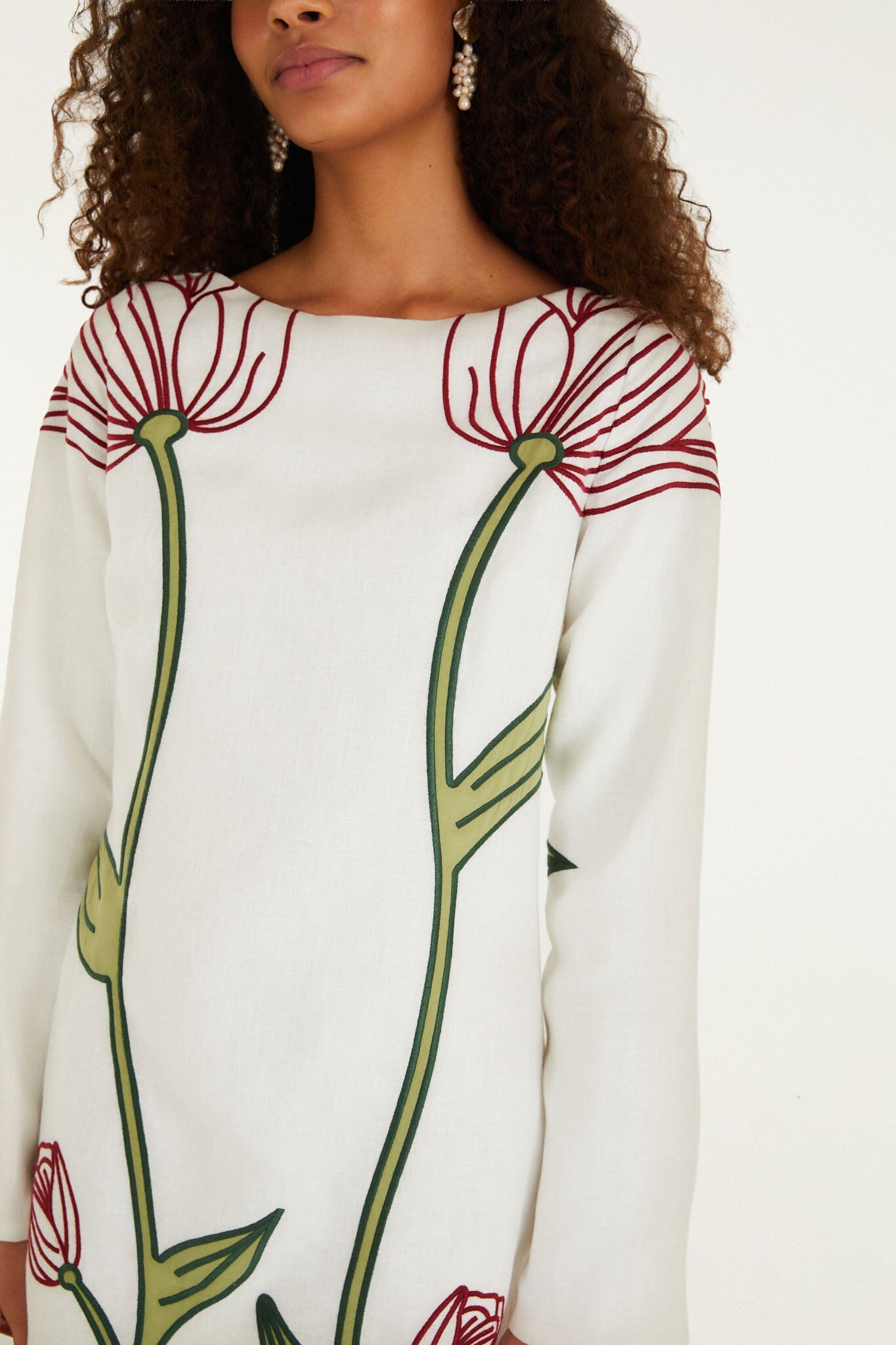 Off-White Flower Embroidered Long Sleeve Mini Dress - FARM Rio OFF-WHITE
