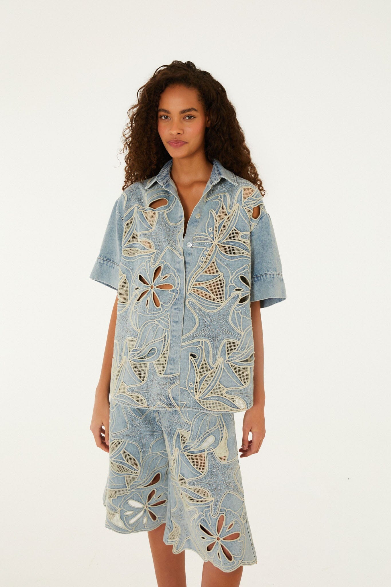 Denim Sea Desire Embroidered Bermuda Shorts - FARM Rio DENIM