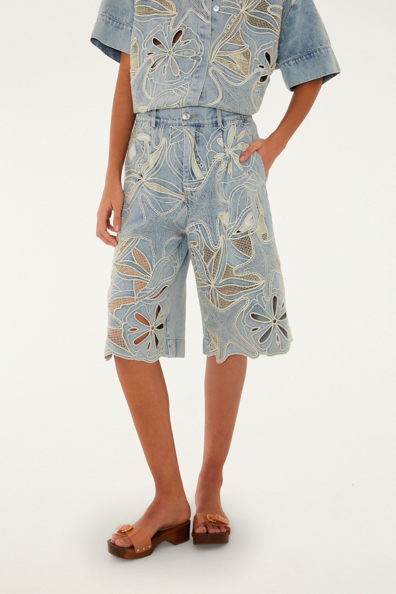 Denim Sea Desire Embroidered Bermuda Shorts - FARM Rio DENIM