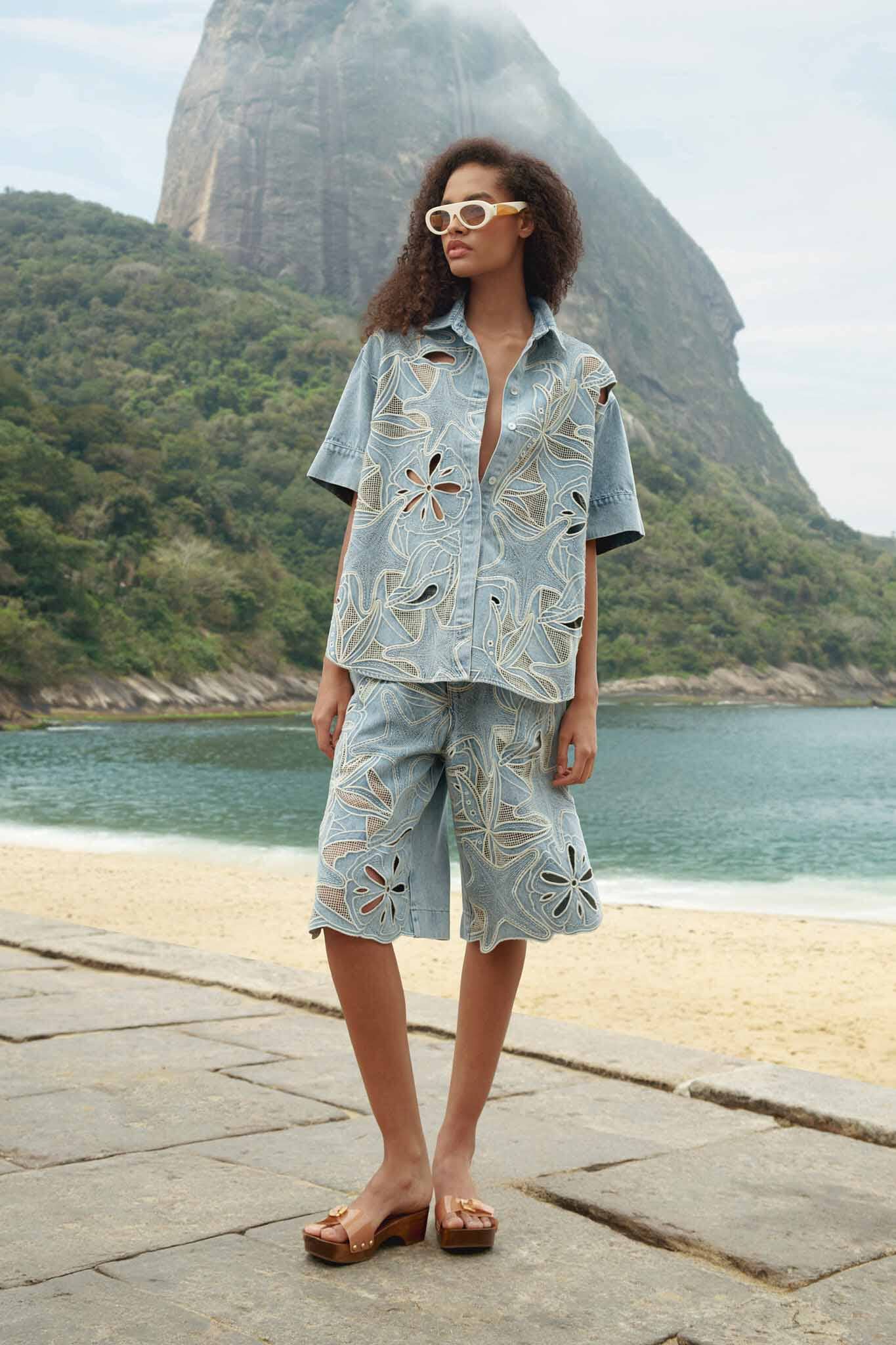 Denim Sea Desire Embroidered Bermuda Shorts - FARM Rio DENIM