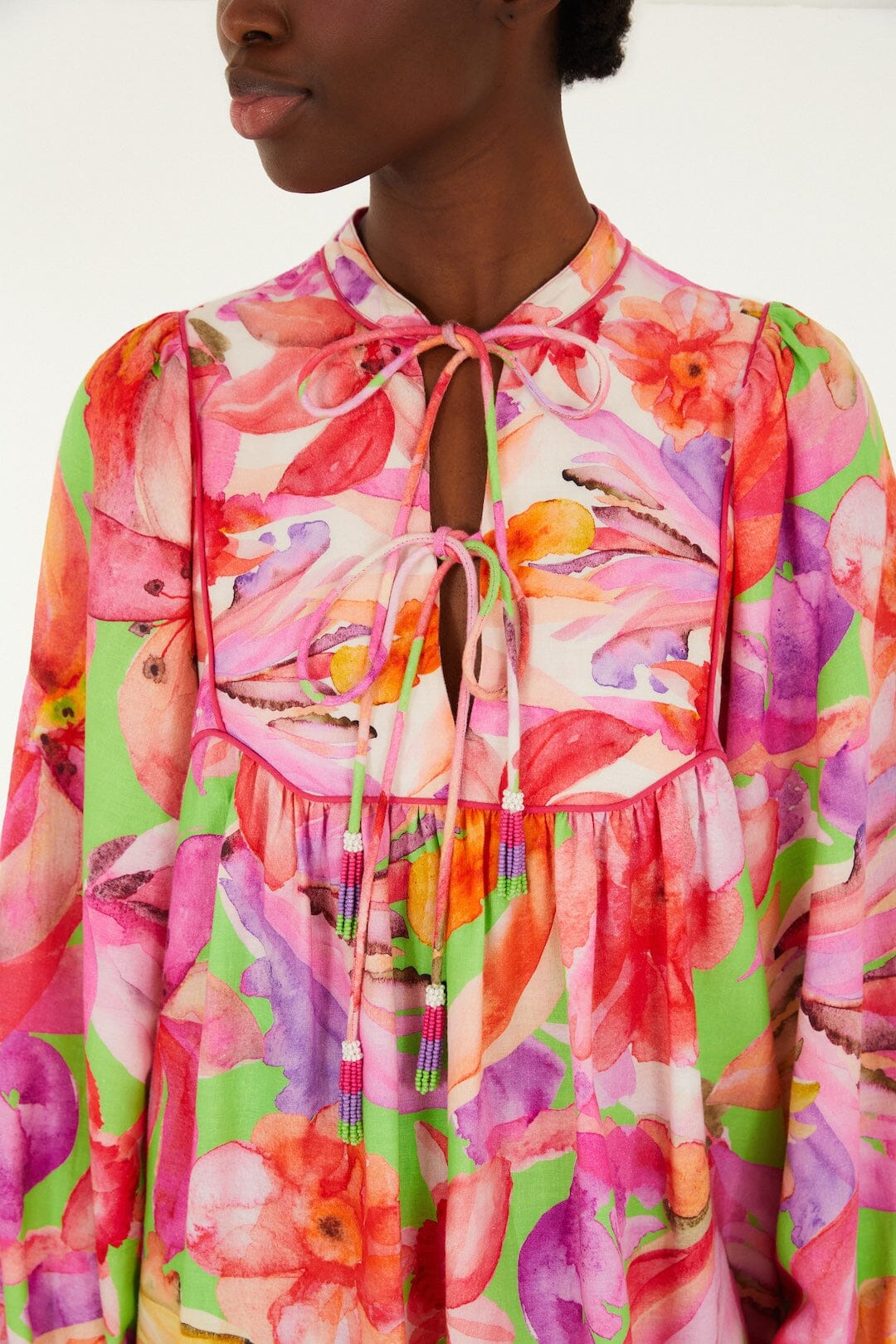 Multicolor Artsy Flora Lenzing Ecovero Euroflax Mini Dress - FARM Rio ARTSY FLORA GREEN