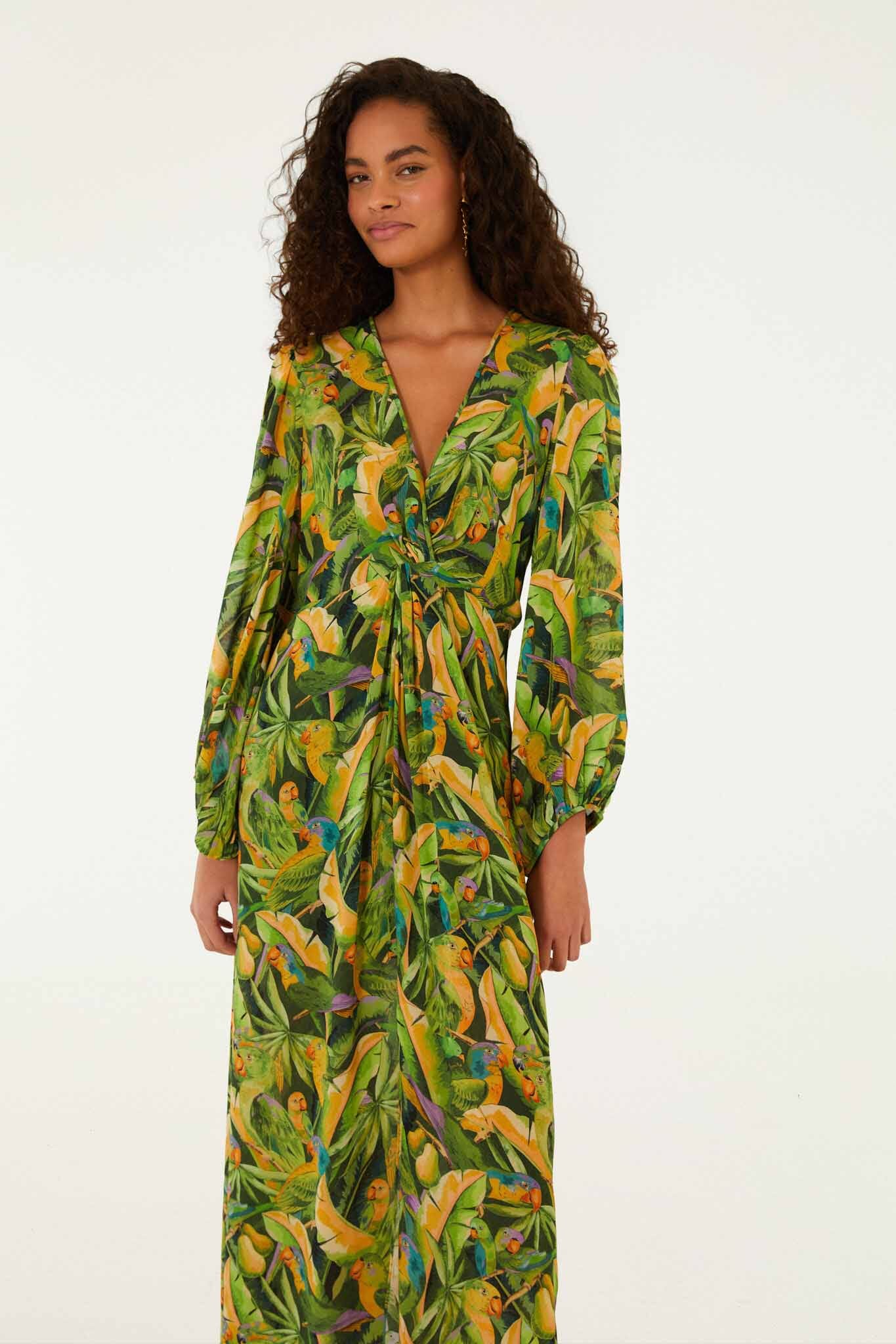 Forest Green Parrots Long Sleeve Dress - FARM Rio PARROTS FOREST GREEN