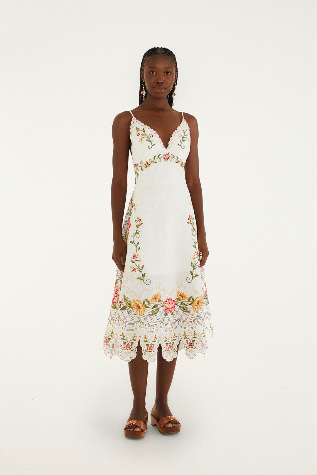Off-White Flower Embroidery Asymetric Hem Midi Dress - FARM Rio OFF-WHITE