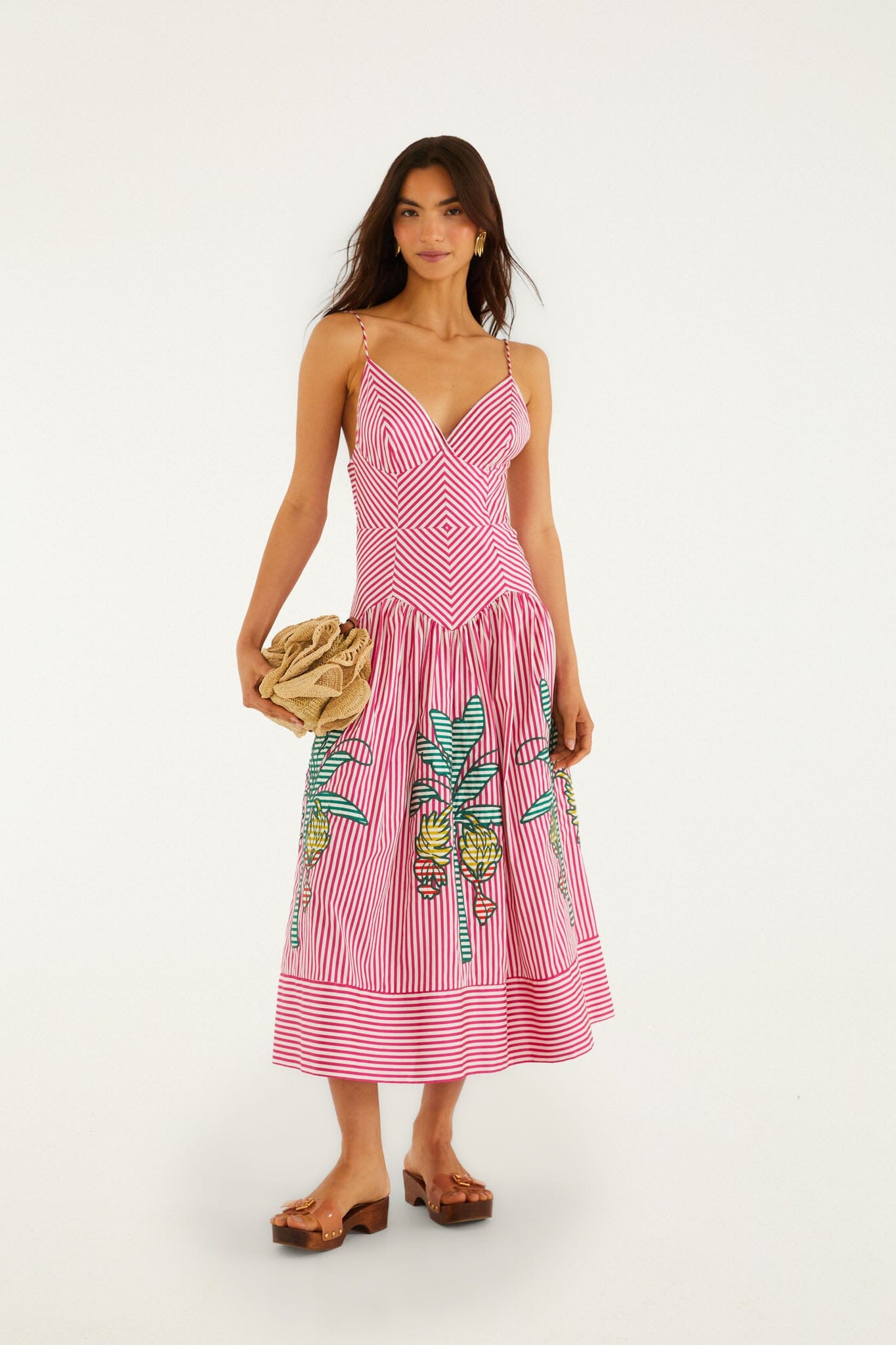 Pink Palm Tree Stripes Cutwork Organic Cotton Midi Dress - FARM Rio MULTI
