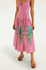 Pink Palm Tree Stripes Cutwork Organic Cotton Midi Dress - FARM Rio MULTI