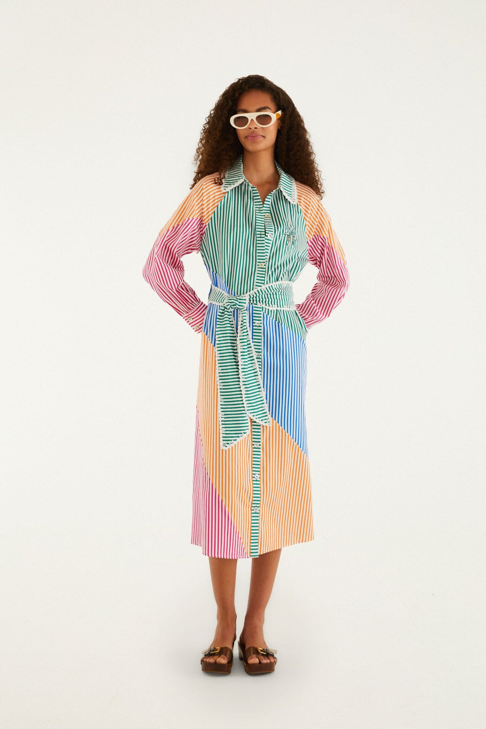 Multicolor Stripes Embroidered Belted Organic Cotton Midi Dress - FARM Rio MULTI