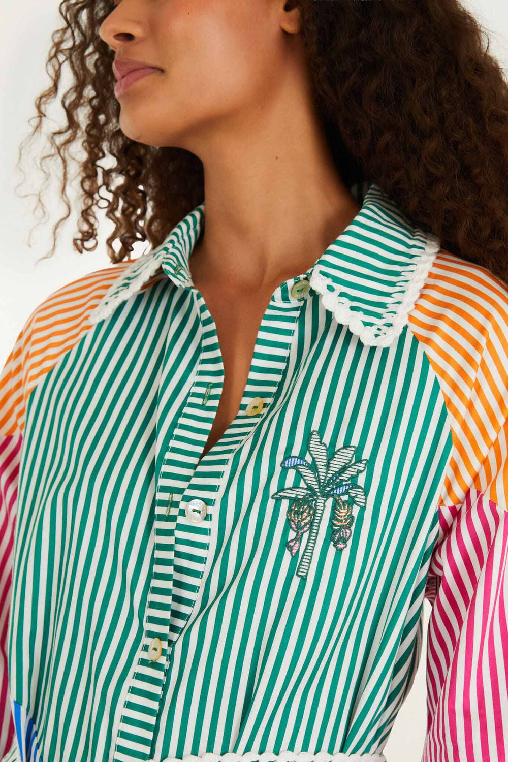 Multicolor Stripes Embroidered Belted Organic Cotton Midi Dress - FARM Rio MULTI