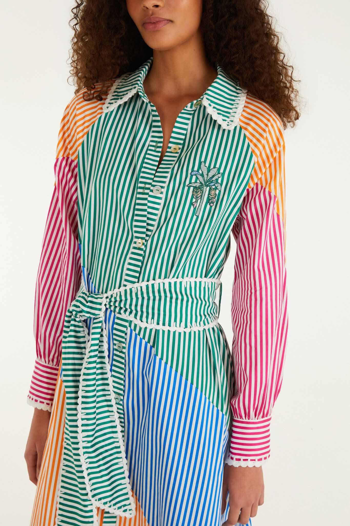 Multicolor Stripes Embroidered Belted Organic Cotton Midi Dress - FARM Rio MULTI