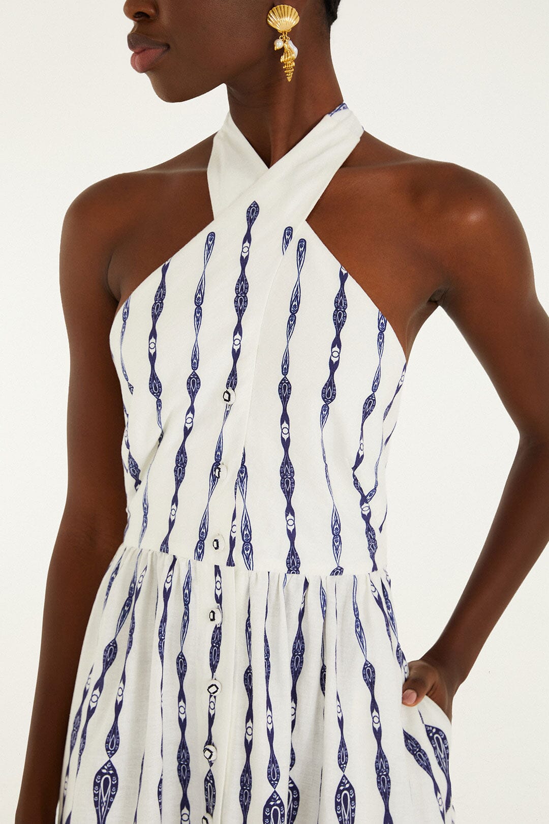 Off-White Fishes Flow Halter Neck Lenzing Ecovero Euroflax Midi Dress - FARM Rio FISHES FLOW OFF-WHITE