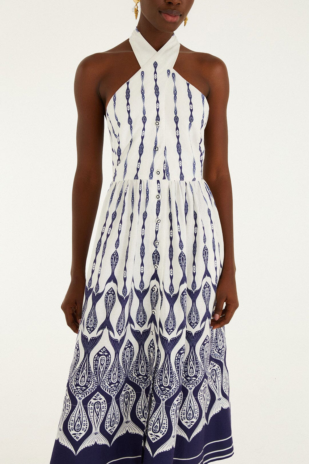 Off-White Fishes Flow Halter Neck Lenzing Ecovero Euroflax Midi Dress - FARM Rio FISHES FLOW OFF-WHITE