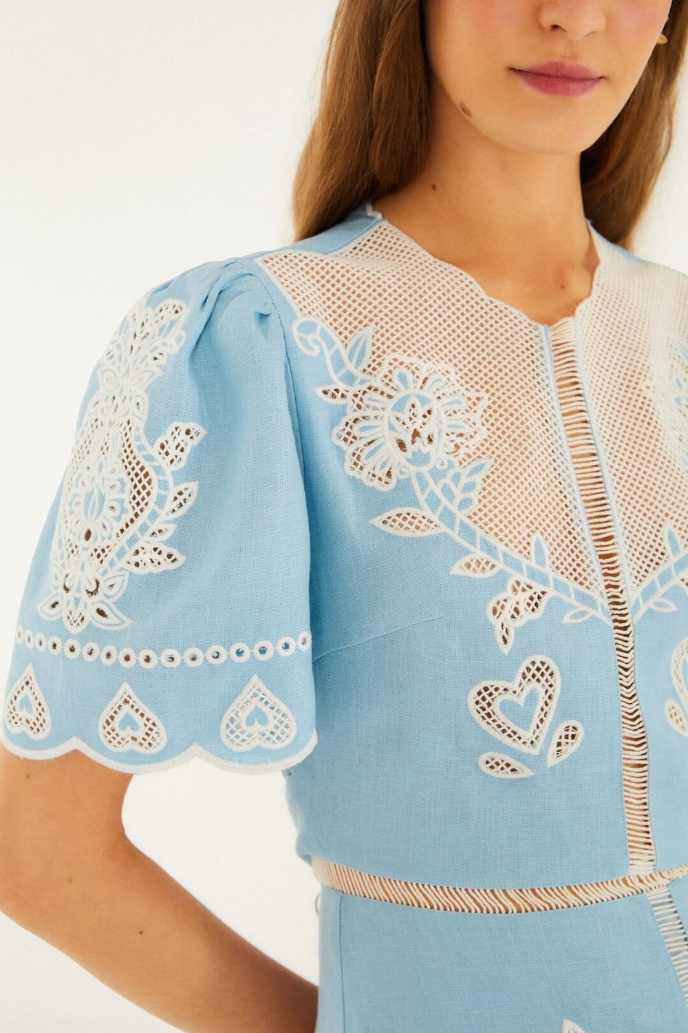 Light Blue Embroidered Euroflax Premium Linene Midi Dress - FARM Rio BLUE