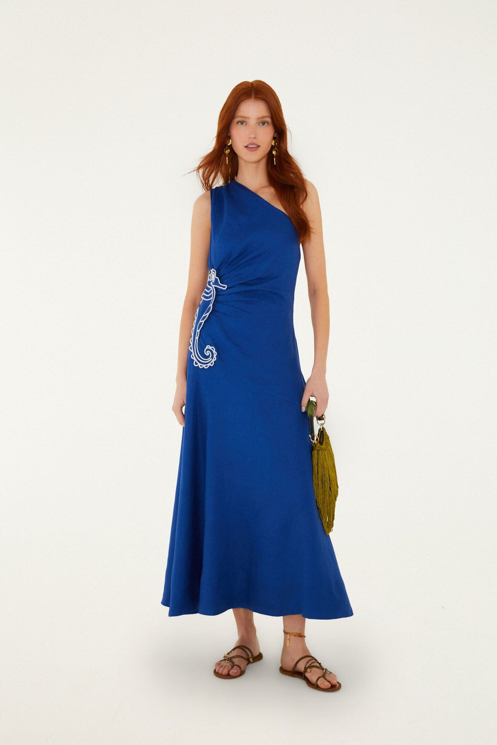 Blue Seahorse Embroidery One-Shoulder Euroflax Premium Linen Maxi Dress - FARM Rio BLUE
