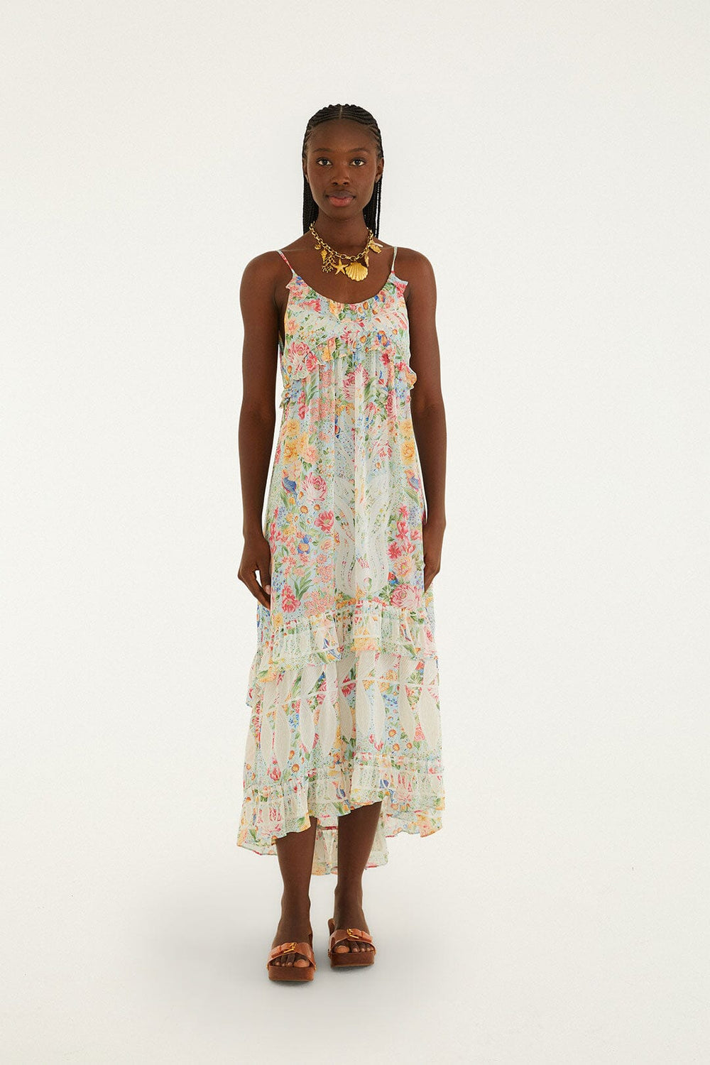 Multicolor Rendeira Ruffled Sleeveless Maxi Dress - FARM Rio ORANGE