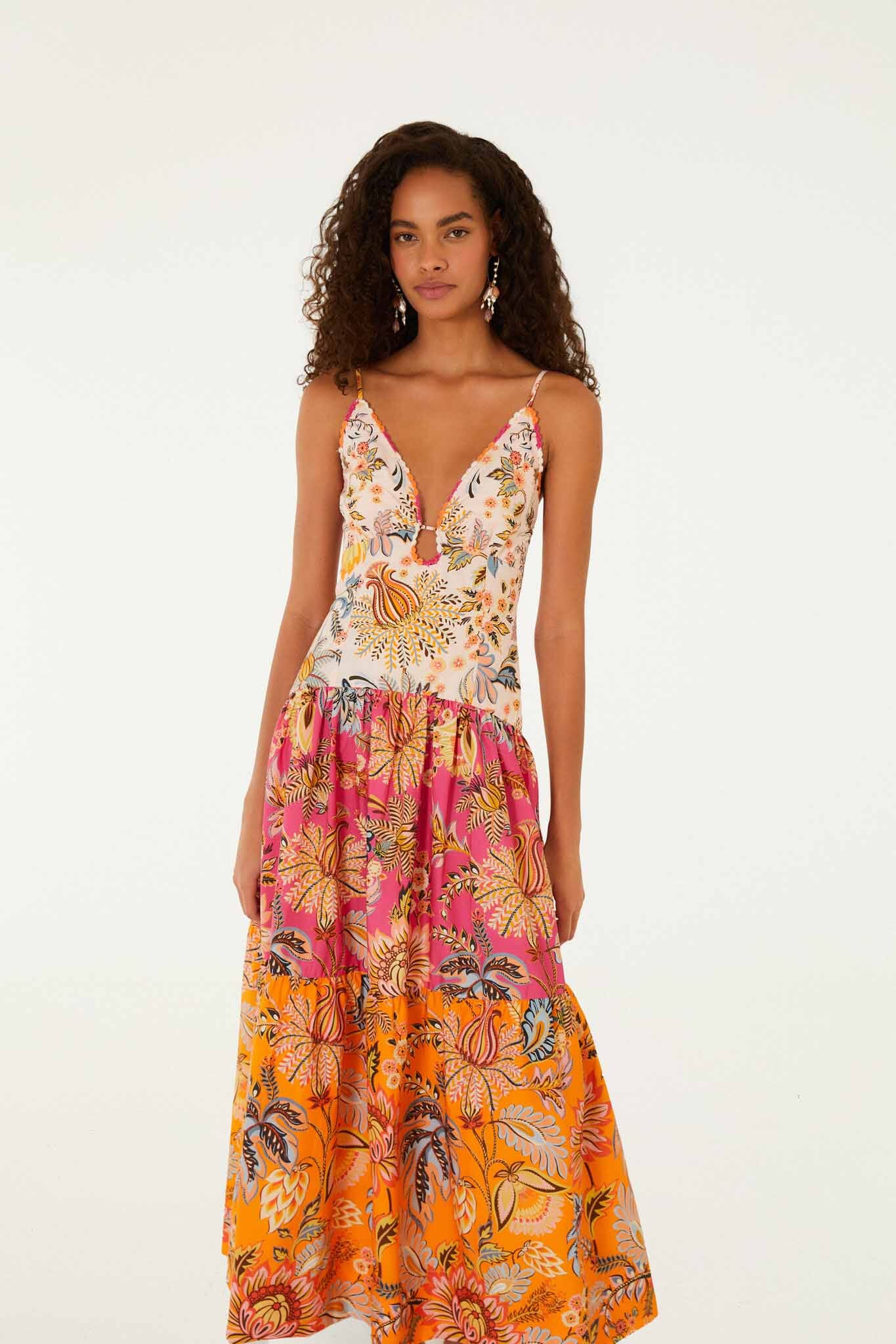 Multicolor Ligia Floral Mix Organic Cotton Maxi Dress - FARM Rio LIGIA FLORAL MIXED