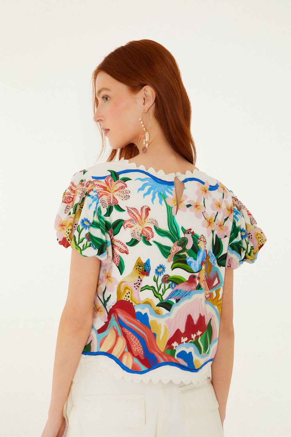 Off-White Garden Of Life Scarf Scalloped Blouse - FARM Rio GARDEN OF LIFE SCARF OFF-WHITE