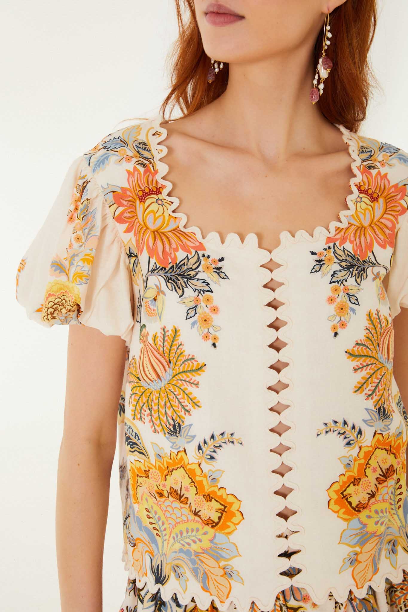 Light Pink Ligia Short Sleeve Lenzing Ecovero Euroflax Blouse - FARM Rio LIGIA FLORAL LIGHT PINK
