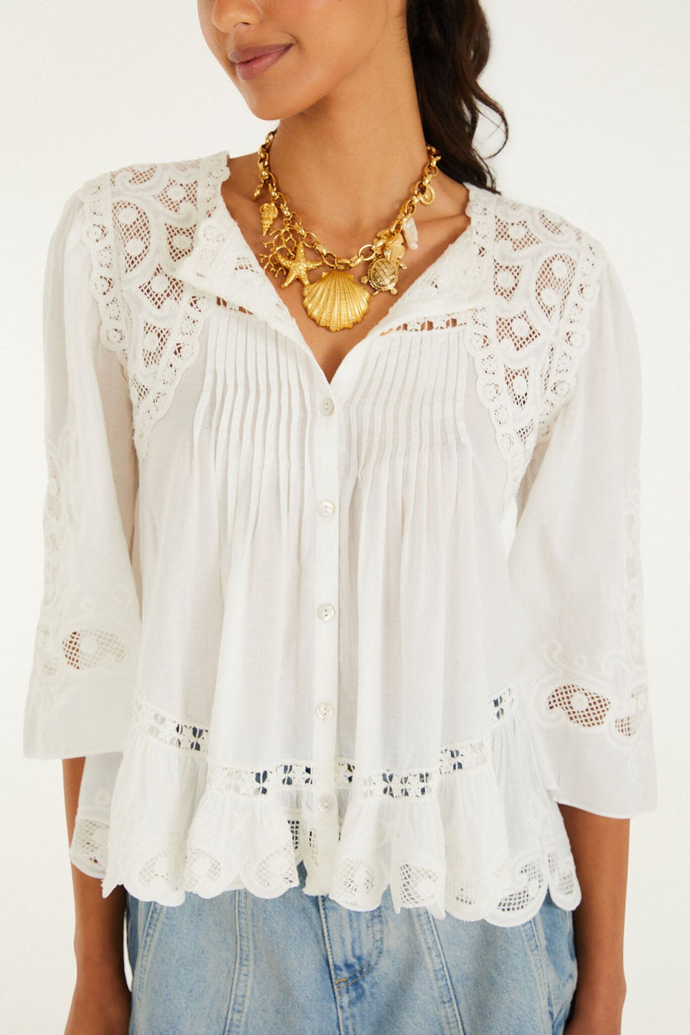 Off-White Richelieu Short Sleeve Blouse - FARM Rio OFF-WHITE
