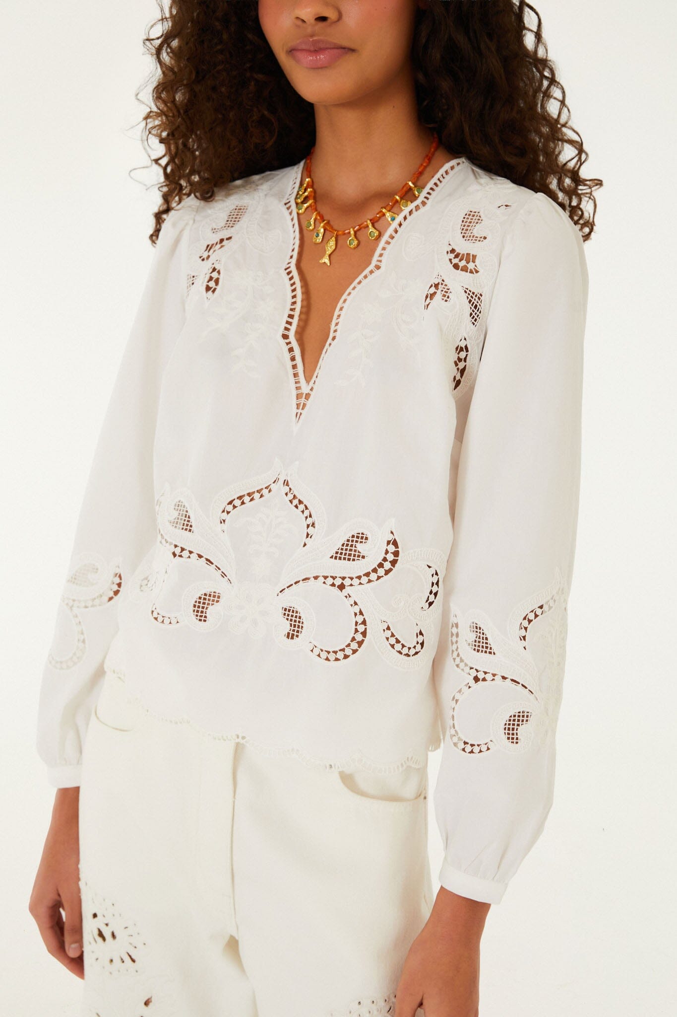 Off-White Richelieu Long Sleeve Blouse - FARM Rio OFF-WHITE