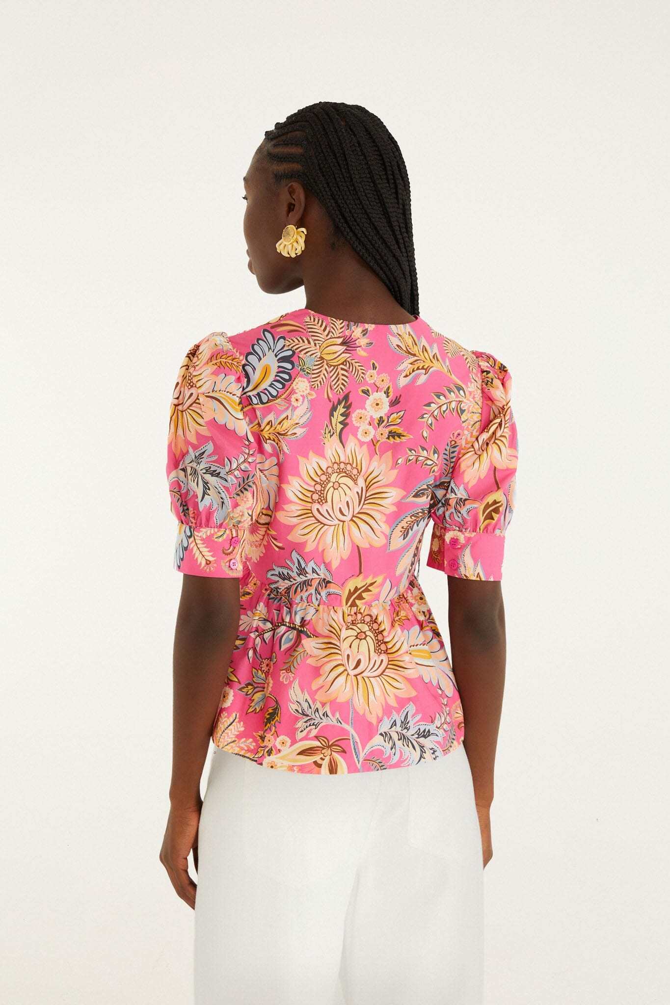 Pink Ligia Floral Puff Sleeve Organic Cotton Blouse - FARM Rio LIGIA FLORAL PINK