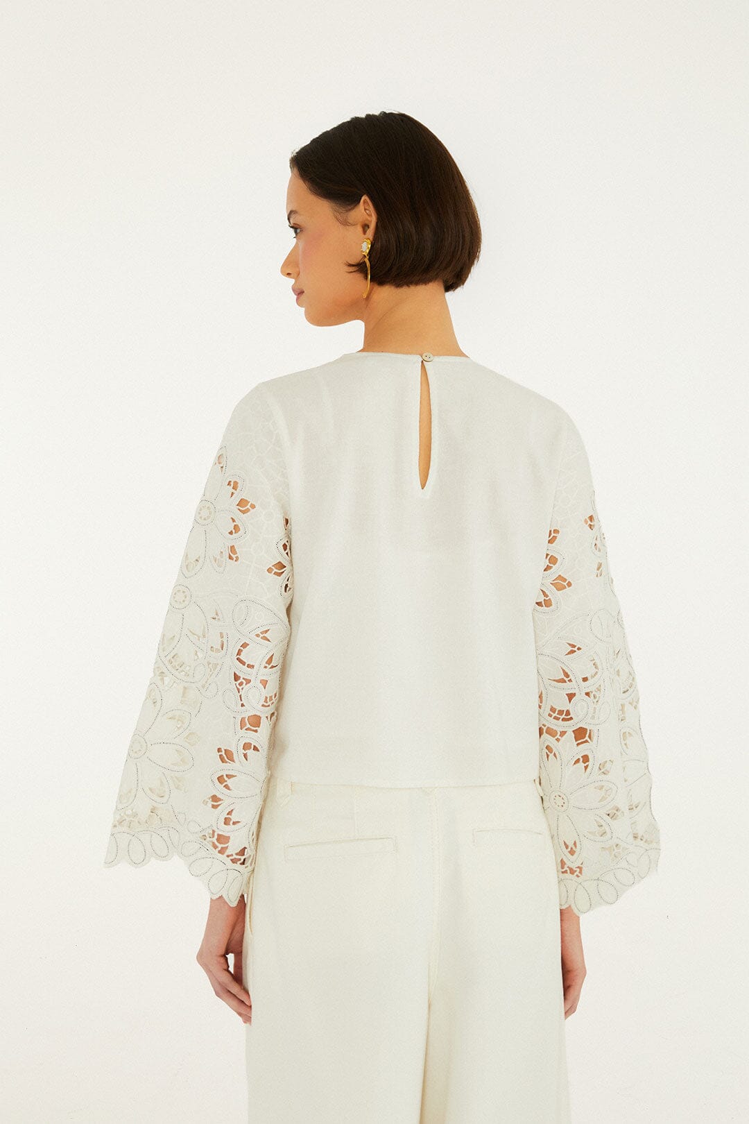 Off-White Flowers Richelieu Long Sleeve Blouse - FARM Rio OFF-WHITE
