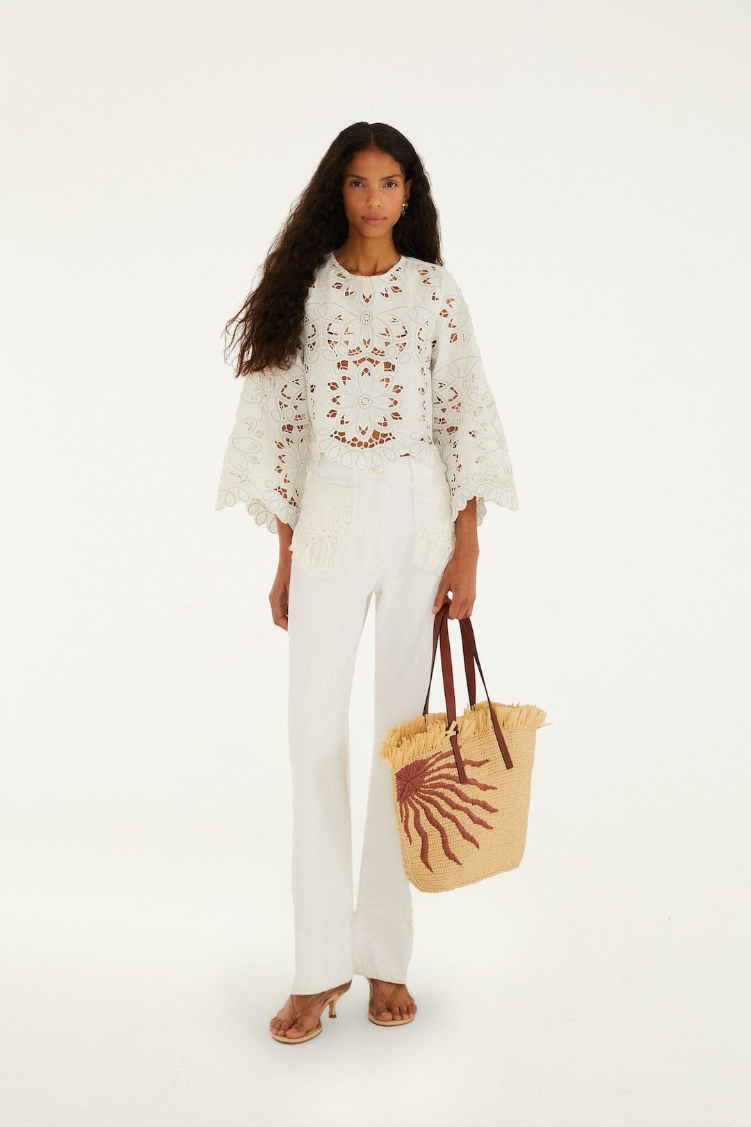 Off-White Flowers Richelieu Long Sleeve Blouse - FARM Rio OFF-WHITE