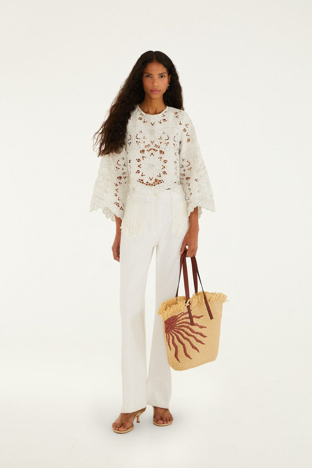 Off-White Flowers Richelieu Long Sleeve Blouse - FARM Rio OFF-WHITE