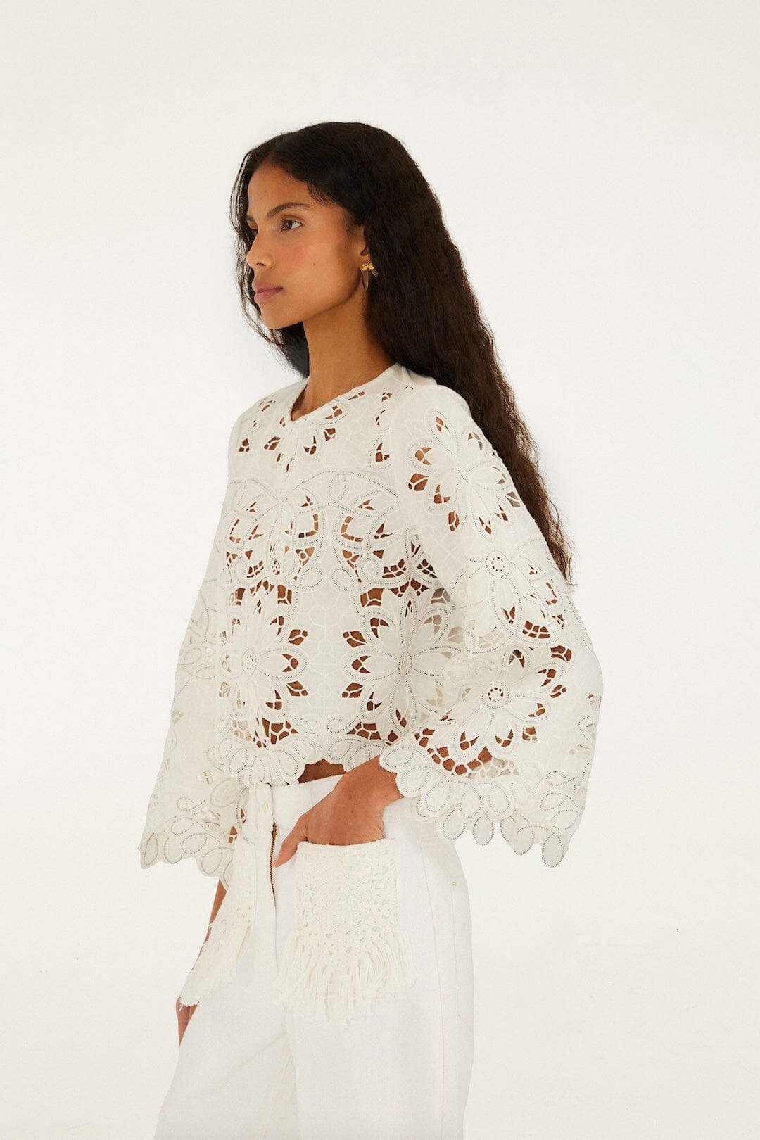 Off-White Flowers Richelieu Long Sleeve Blouse - FARM Rio OFF-WHITE